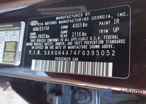 2015 Kia Optima Ex from USA, damaged, VIN 5XXGN4A74FG395052